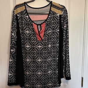 Source Unknown Black and Gold Patterned Blouse